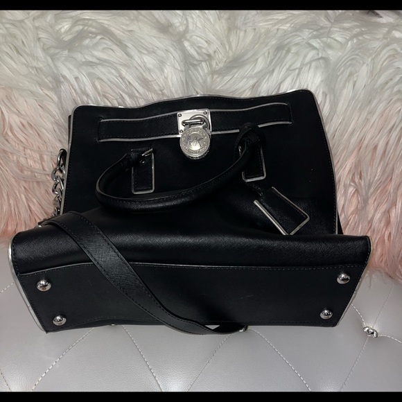 Michael Kors Hamilton Specchio Leather Black Silver Trim Handbag Tote - Picture 8 of 13